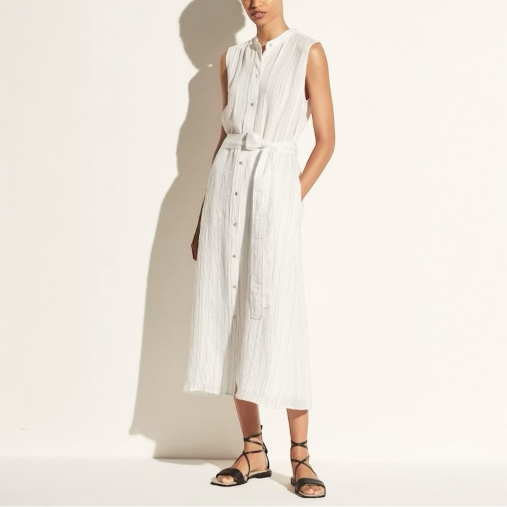 VINCE Drapey Stripe Sleeveless Shirt Midi Dress with Pockets In Optic White